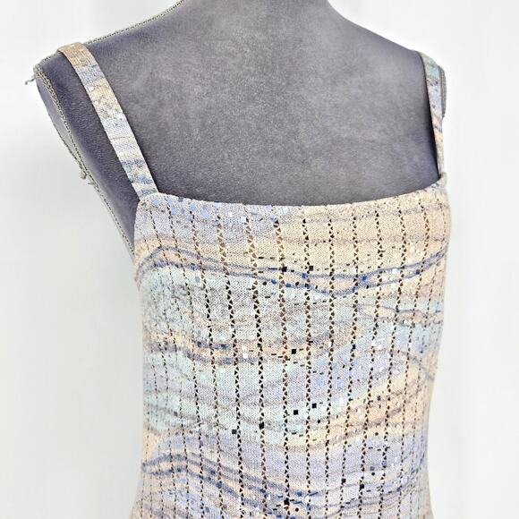 St John Evening Dress Womens 12 Beige Blue Sweater Stretch Knit Zipper Sequins - Picture 7 of 13